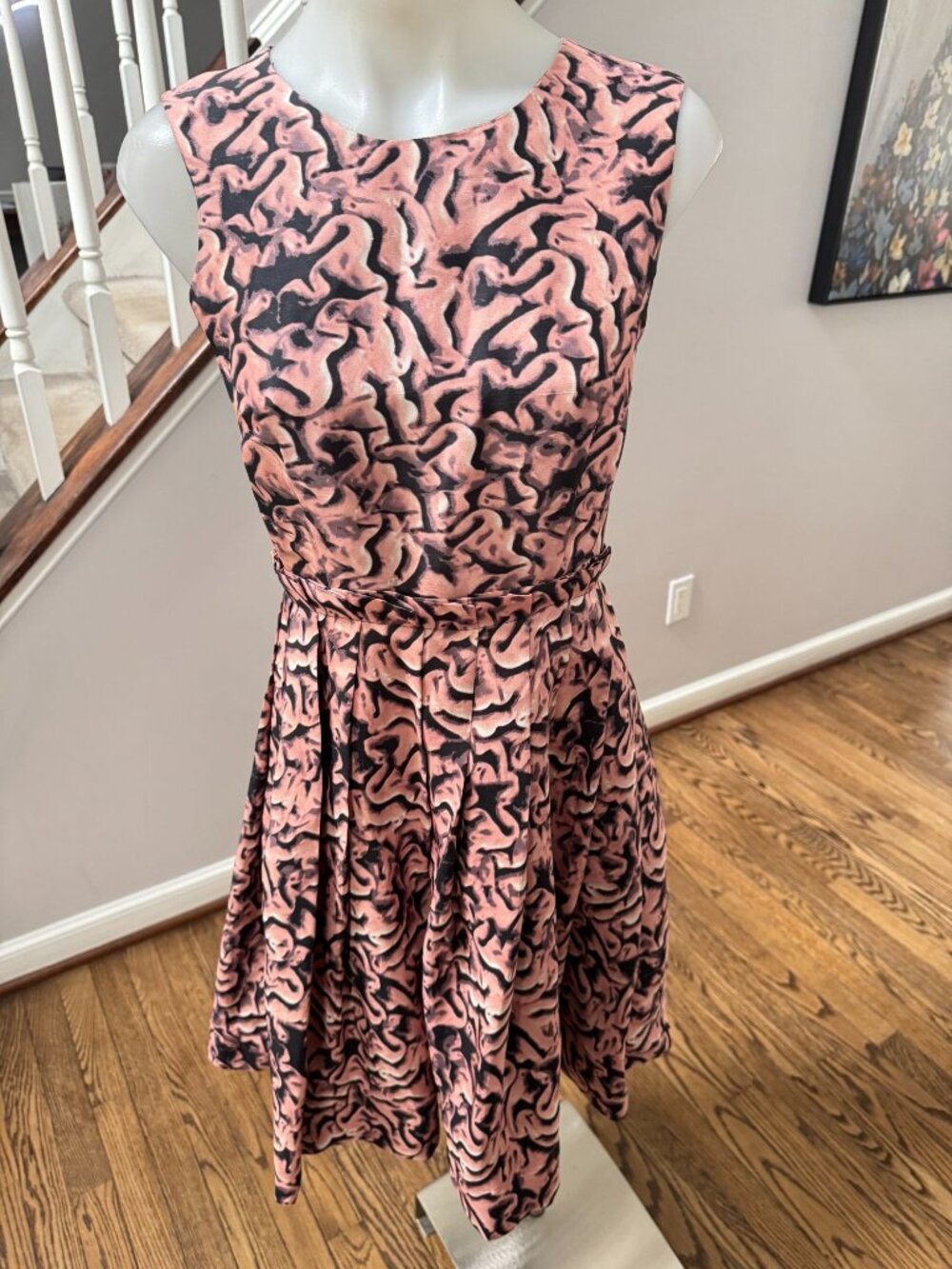 RODARTE Pink Black Printed Pleated Flare Silk Mini Dress Size Small